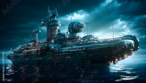 Tela futuristic diesel punk style navy battleship