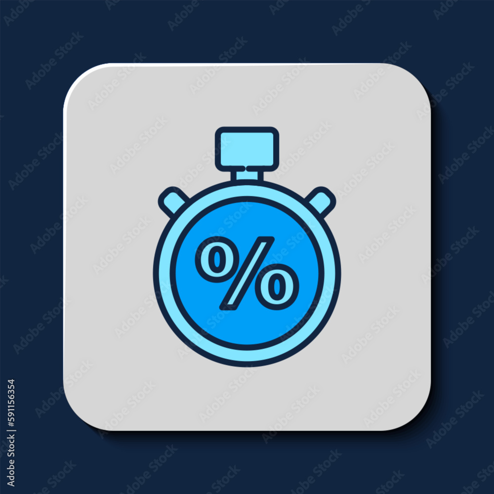 Filled outline Stopwatch and percent icon isolated on blue background. Time timer sign. Vector Filled outline Stopwatch and percent icon isolated on blue background. Time timer sign. Vector