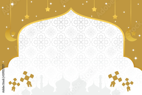 islamic day sale poster template with free space for text. It has an ornament of the silhouette of a mosque, lanterns, moon, stars and diamonds. Design for banners, greeting cards, social media