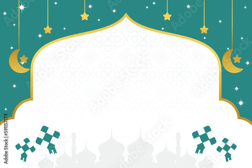 islamic day sale poster template with free space for text. It has an ornament of the silhouette of a mosque, lanterns, moon, stars and diamonds. Design for banners, greeting cards, social media