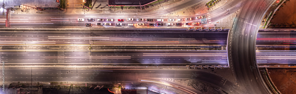 Expressway top view, Road traffic an important infrastructure, Drone aerial view fly in circle, traffic transportation, Public transport or commuter city life concept of economic and energ, transport.