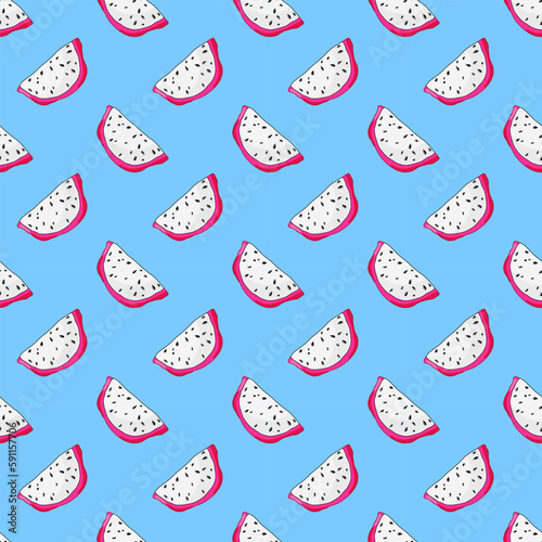 Sweet fresh slice of dragon fruit. Colorful fresh pitaya. Exotic pitahaya seamless pattern. Vegetarian organic summer dessert. Vector cactus.