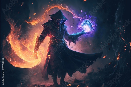 Photo Battlemage in fantasy setting, powerful spell casting by sorcerer wearing mystical medieval outfit for game character design in epic lighting fire ball