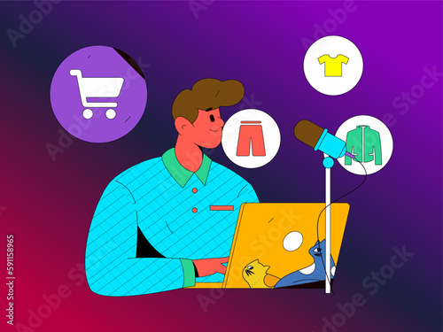 Internet celebrity e-commerce characters vector Internet hand-drawn illustration with live streaming
