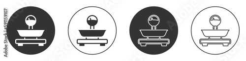 Black Scales icon isolated on white background. Weight measure equipment. Circle button. Vector