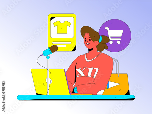 Internet celebrity e-commerce characters vector Internet hand-drawn illustration with live streaming
