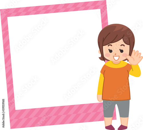 若い女性とフォトフレームのイラストセット
