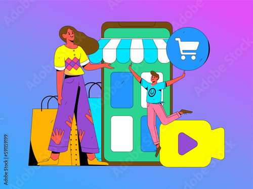 Internet celebrity e-commerce characters vector Internet hand-drawn illustration with live streaming
