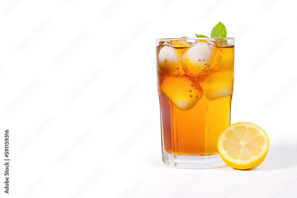 a glass of iced lemon tea with a slice of lemon isolated on white background with copy space. Created with Generative AI Technology a glass of iced lemon tea with a slice of lemon isolated on white background with copy space. Created with Generative AI Technology