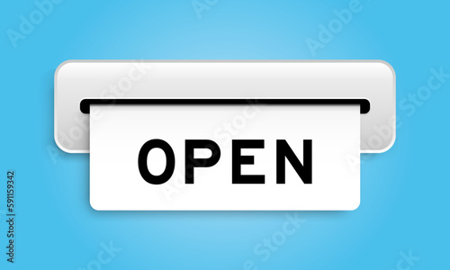 White coupon banner with word oepn from machine on blue color background