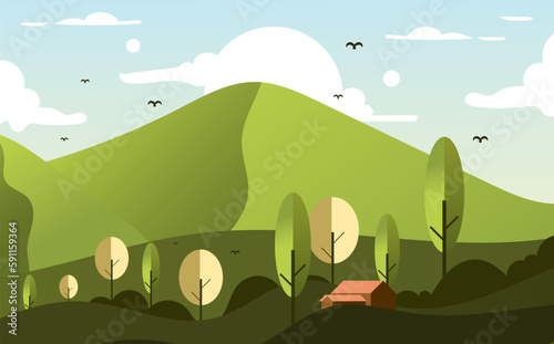Vector illustration of bright green mountain landscape  many trees.background