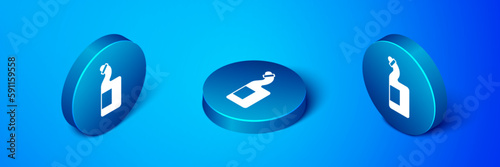 Isometric Dishwashing liquid bottle icon isolated on blue background. Liquid detergent for washing dishes. Blue circle button. Vector