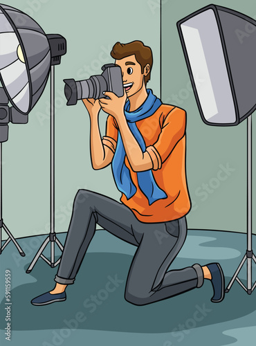 Photo Journalist Colored Cartoon Illustration