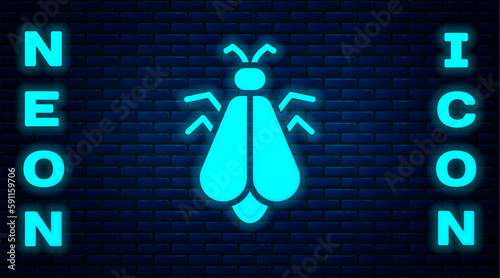 Glowing neon Mosquito icon isolated on brick wall background. Vector