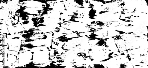 Monochrome texture composed of irregular graphic elements. Distressed uneven grunge background. Abstract vector illustration. Overlay for interesting effect and depth. Isolated on white background.