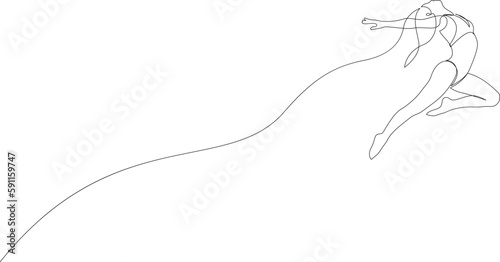 One single line drawing of young beauty dancer woman on jumping exercise. Choreographic move concept. Flight, passion modern continuous line draw design. Vector illustration.