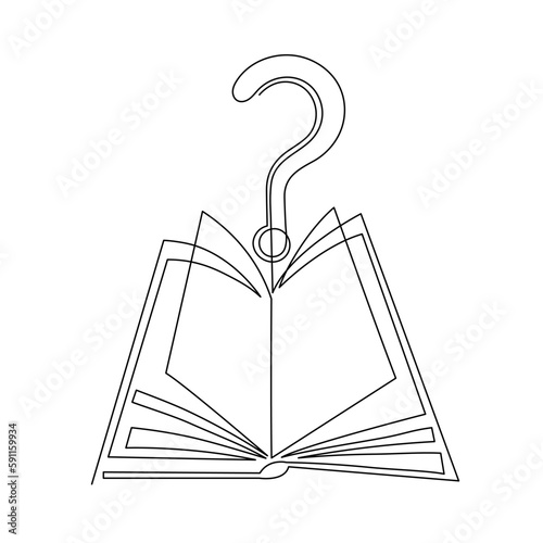 Book with question one line art,hand drawn asking sign continuous contour.Query FAQ concept,finding answer in literature.Education studying learning concept outline.Editable stroke.Isolated.Vector