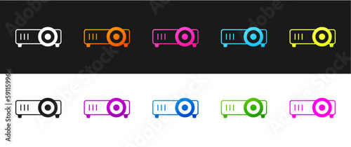 Set Presentation, movie, film, media projector icon isolated on black and white background. Vector