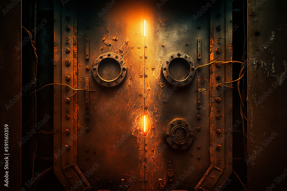 abstract, metal door with lighting and rusty damage, in the dark. Generative AI abstract, metal door with lighting and rusty damage, in the dark. Generative AI