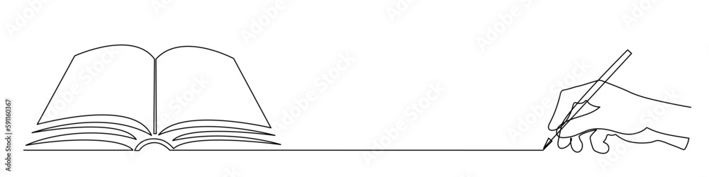 Obraz premium Hand writes book one line art,hand drawn notes in workbook,lesson summary continuous contour.Minimalist design,simple decoration.Book writing concept, template outline.Editable stroke.Isolated.Vector