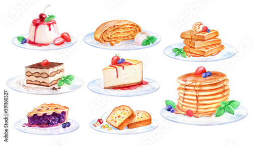 Hand painted watercolor illustration set of Desserts on plate