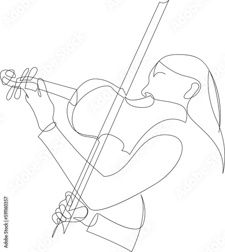 Violinist one continuous line art drawing vector illustration. Girl playing violin isolated on white background.