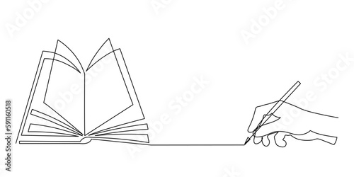 Hand writes book one line art,hand drawn notes in workbook,lesson summary continuous contour.Minimalist design,simple decoration.Book writing concept, template outline.Editable stroke.Isolated.Vector