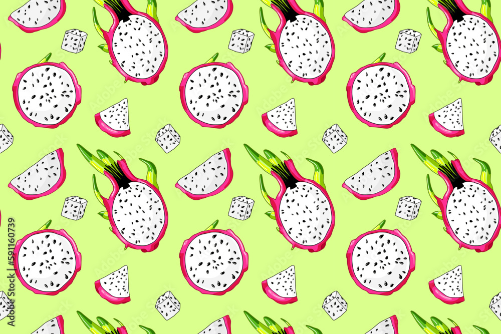 Fresh pitaya slice. Sweet beautiful dragon fruit pattern. Colorful tropical seamless fabric design. Organic pitahaya ingridient. Summer green background Fresh pitaya slice. Sweet beautiful dragon fruit pattern. Colorful tropical seamless fabric design. Organic pitahaya ingridient. Summer green background