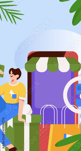 Internet celebrity e-commerce characters vector Internet hand-drawn illustration with live streaming
