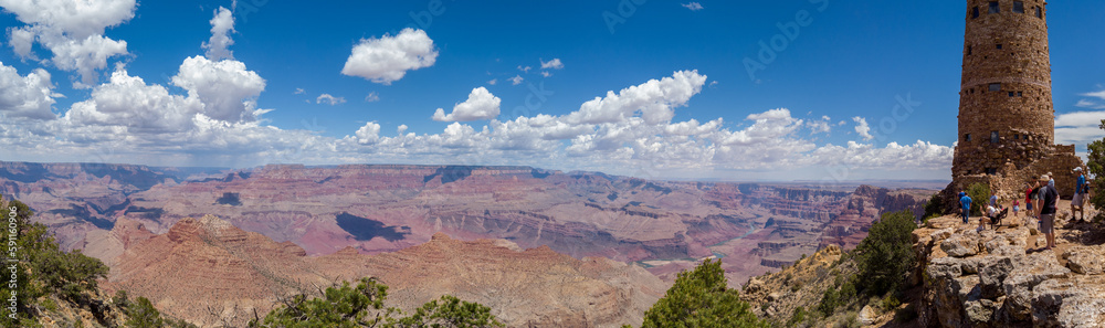 Grand Canyon Village, Arizona, USA, June 24, 2022: Desert View Watchtower, located at Desert View Point, South Rim of the Grand Canyon National Park.