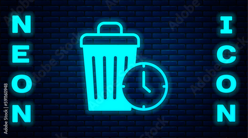 Glowing neon Waste of time icon isolated on brick wall background. Trash can. Garbage bin sign. Recycle basket icon. Office trash icon. Vector