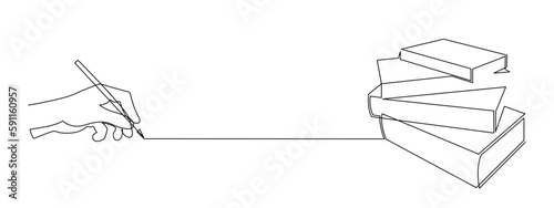 Hand writes book one line art,hand drawn notes in workbook,lesson summary continuous contour.Minimalist design,simple decoration.Book writing concept, template outline.Editable stroke.Isolated.Vector