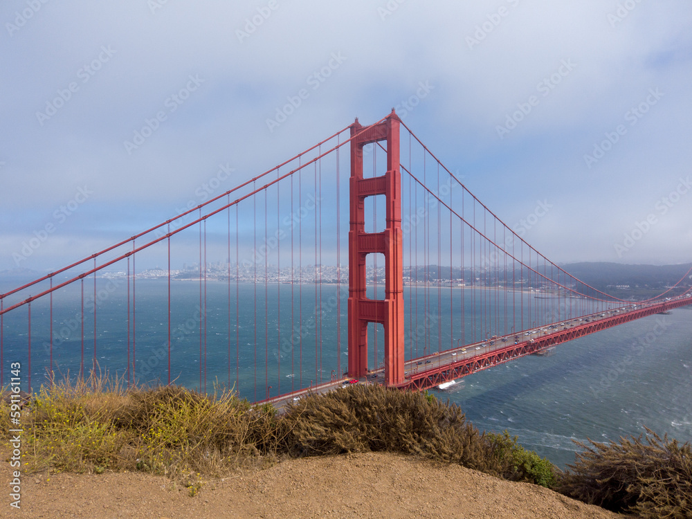 View of the Golden Gate Bridge from the Battery Spencer overlook in Sausalito, California, USA. View of the Golden Gate Bridge from the Battery Spencer overlook in Sausalito, California, USA.