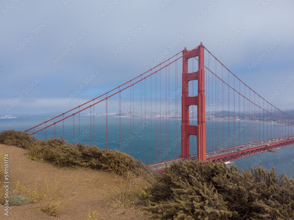 View of the Golden Gate Bridge from the Battery Spencer overlook in Sausalito, California, USA.