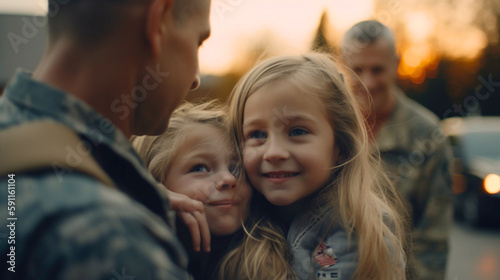 A soldier in uniform and their emotional family during a heartwarming homecoming filled with love and joy, Created with generative Ai Technology