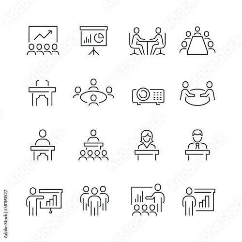 Vector line set of icons related with business presentation. Contains monochrome icons like businessman, presentation, office, conference, seminar and more. Simple outline sign.