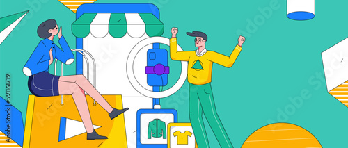 Internet celebrity e-commerce characters vector Internet hand-drawn illustration with live streaming
