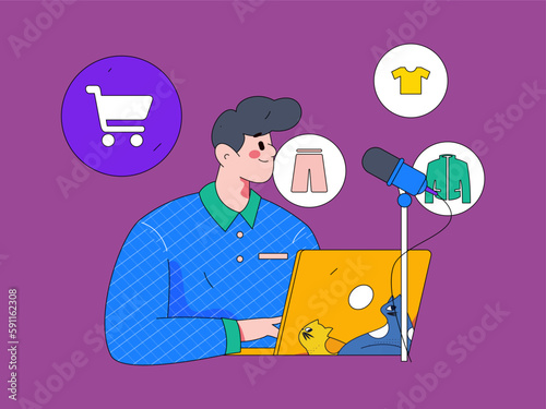 Internet celebrity e-commerce characters vector Internet hand-drawn illustration with live streaming
