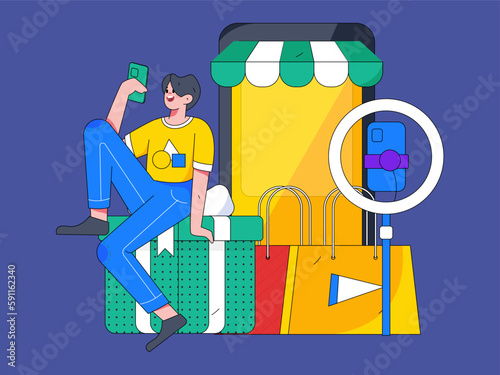 Internet celebrity e-commerce characters vector Internet hand-drawn illustration with live streaming
