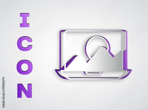 Paper cut Photo retouching icon isolated on grey background. Photographer, photography, retouch icon. Paper art style. Vector