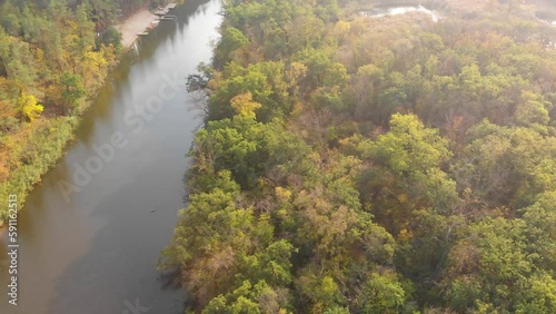 Beautiful river, swamps and lakes in Ukraine in autumn aerial footage
