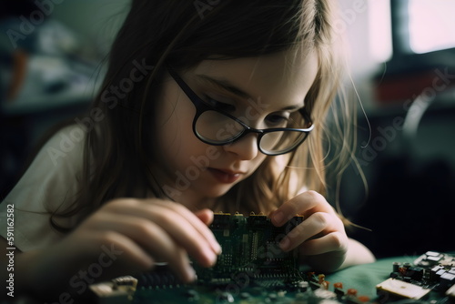 photo of girl in glasses building a circuit, made with generative ai