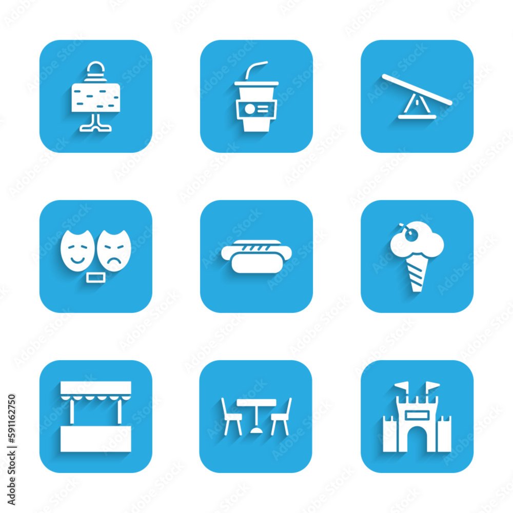 Set Hotdog, Picnic table with chairs, Castle, Ice cream in waffle cone, Ticket box office, Comedy and tragedy masks, Seesaw and Magic ball icon. Vector Set Hotdog, Picnic table with chairs, Castle, Ice cream in waffle cone, Ticket box office, Comedy and tragedy masks, Seesaw and Magic ball icon. Vector