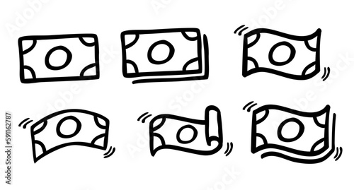 doodle black outline blank paper money, set 6
