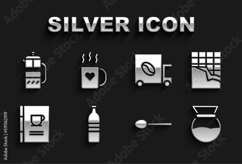 Set Bottle of water, Chocolate bar, Pour over coffee maker, Spoon, Coffee book, street truck machine, French press and cup and heart icon. Vector