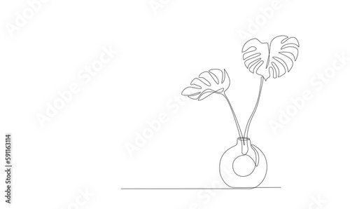 House plant monstera in vase in line art style. Editable stroke Continuous One line handdrawn of Beautiful flower Isolated. Modern drawing of leaves. Minimalist illustration of flower. Vector drawing.