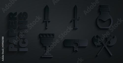 Set Decree, parchment, scroll, Poison in bottle, Medieval goblet, Crossed medieval axes, Dagger and sword icon. Vector