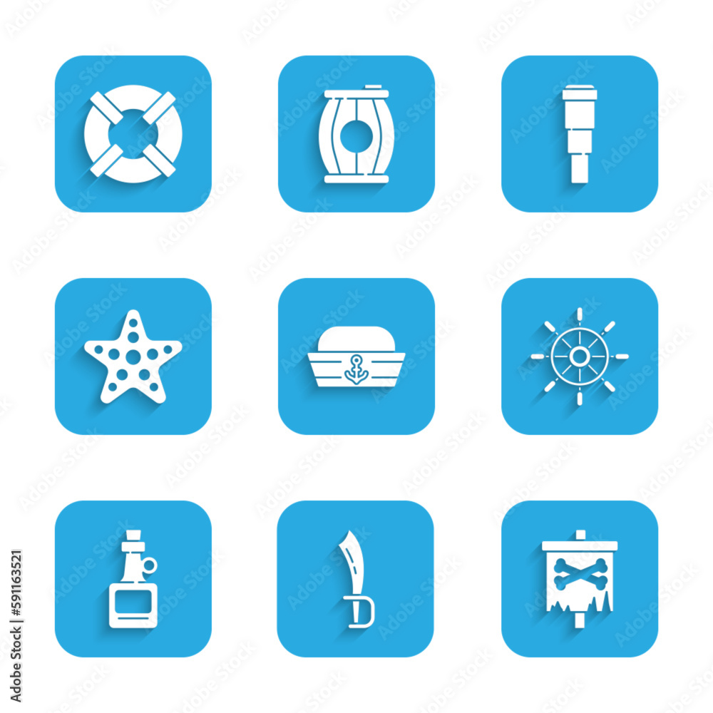 Set Sailor hat, Pirate sword, flag, Ship steering wheel, Alcohol drink Rum, Starfish, Spyglass telescope lens and Lifebuoy icon. Vector Set Sailor hat, Pirate sword, flag, Ship steering wheel, Alcohol drink Rum, Starfish, Spyglass telescope lens and Lifebuoy icon. Vector