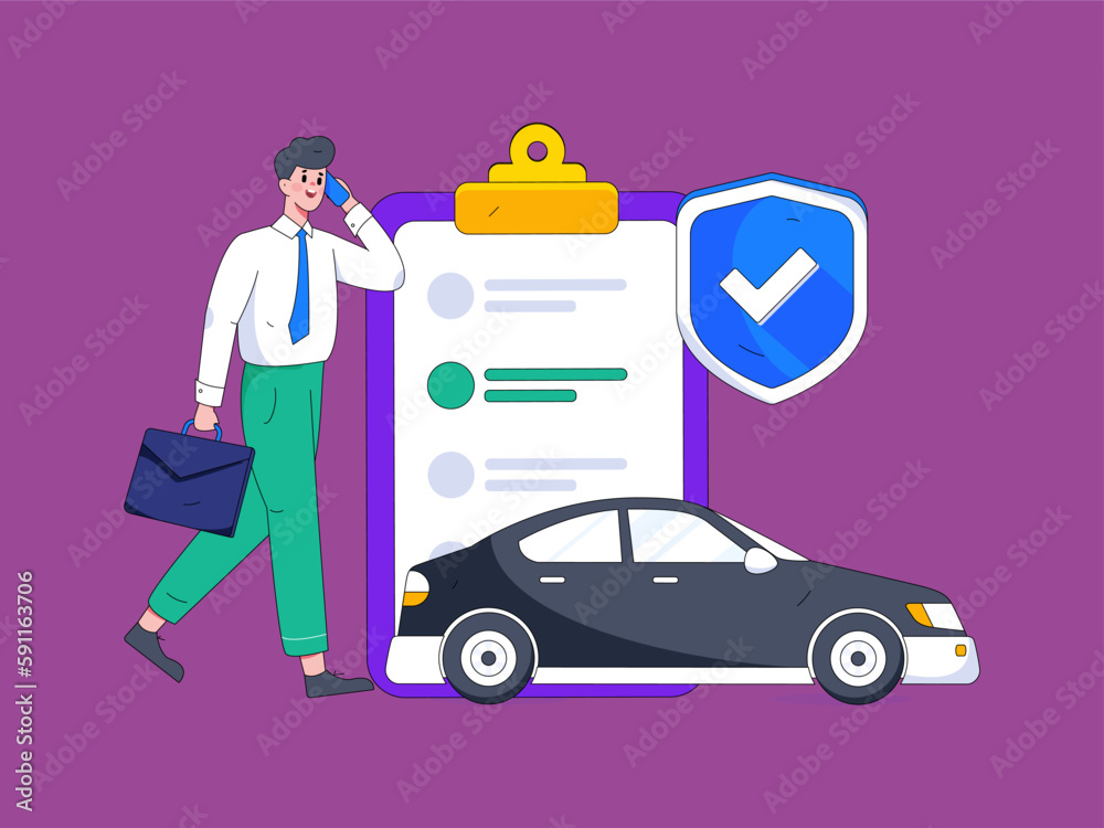 Naklejka premium Buy insurance for car flat character vector concept operation hand drawn illustration 