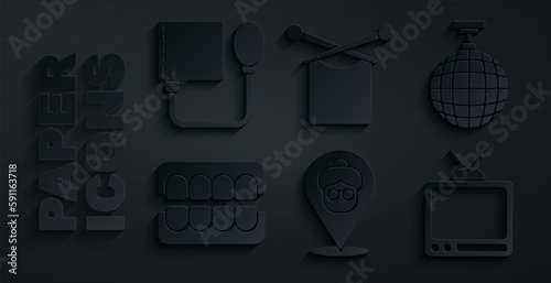 Set Nursing home, Disco ball, False jaw, Retro tv, Knitting and Blood pressure icon. Vector